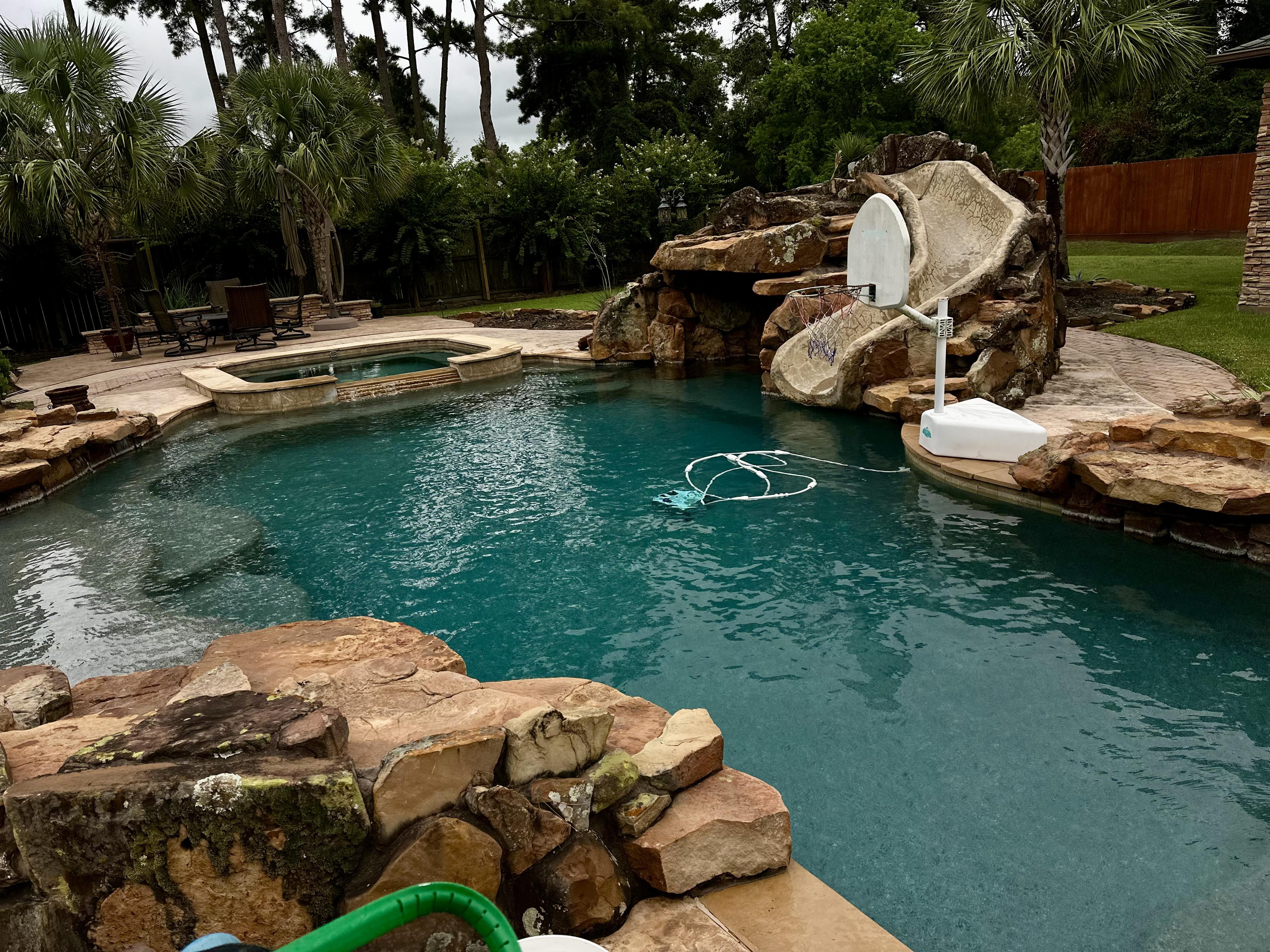 Lagoon style backyard pool cleaned and maintained by Bluecrest Pools