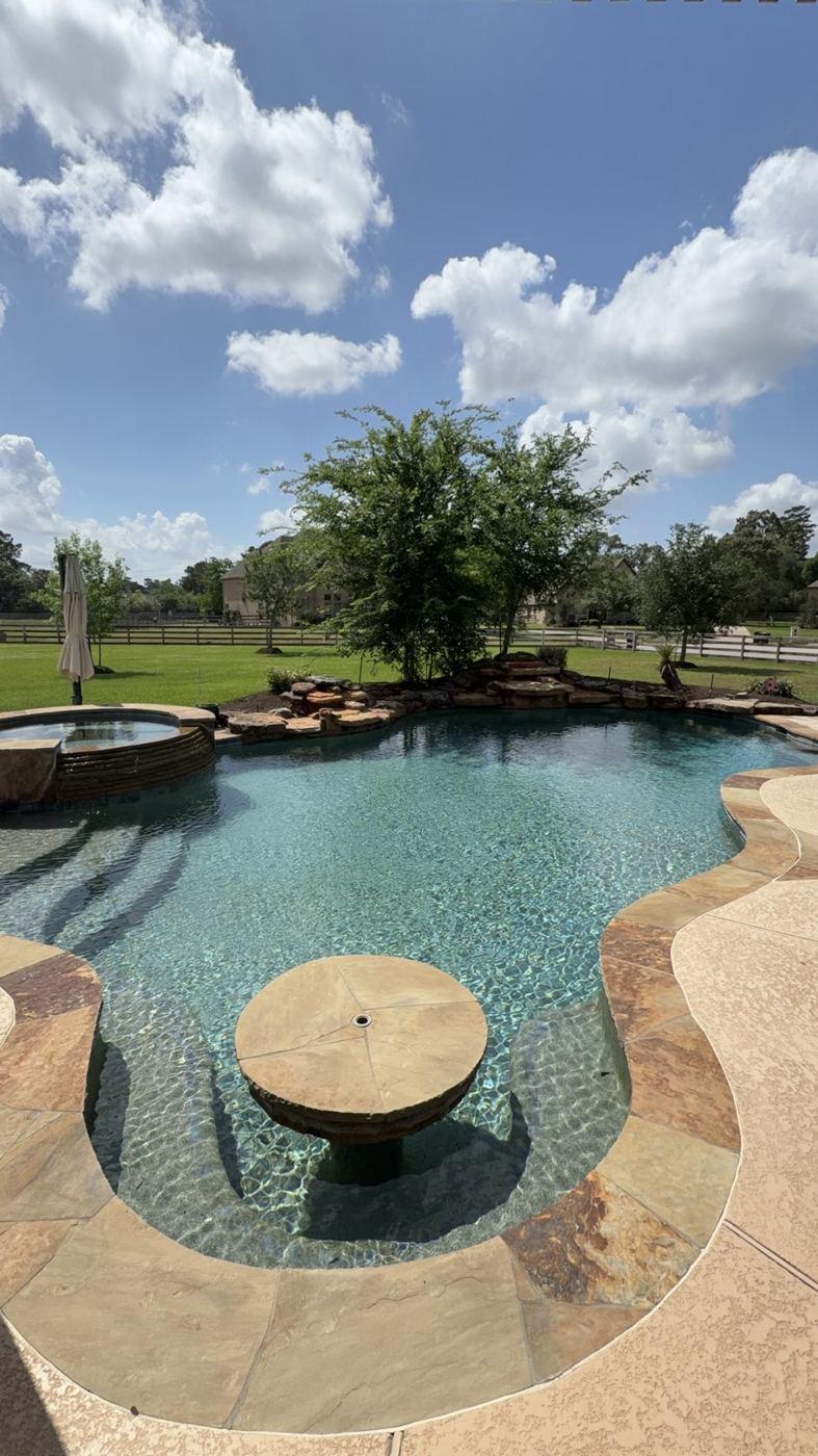 Freeform customer pool with a tanning ledge