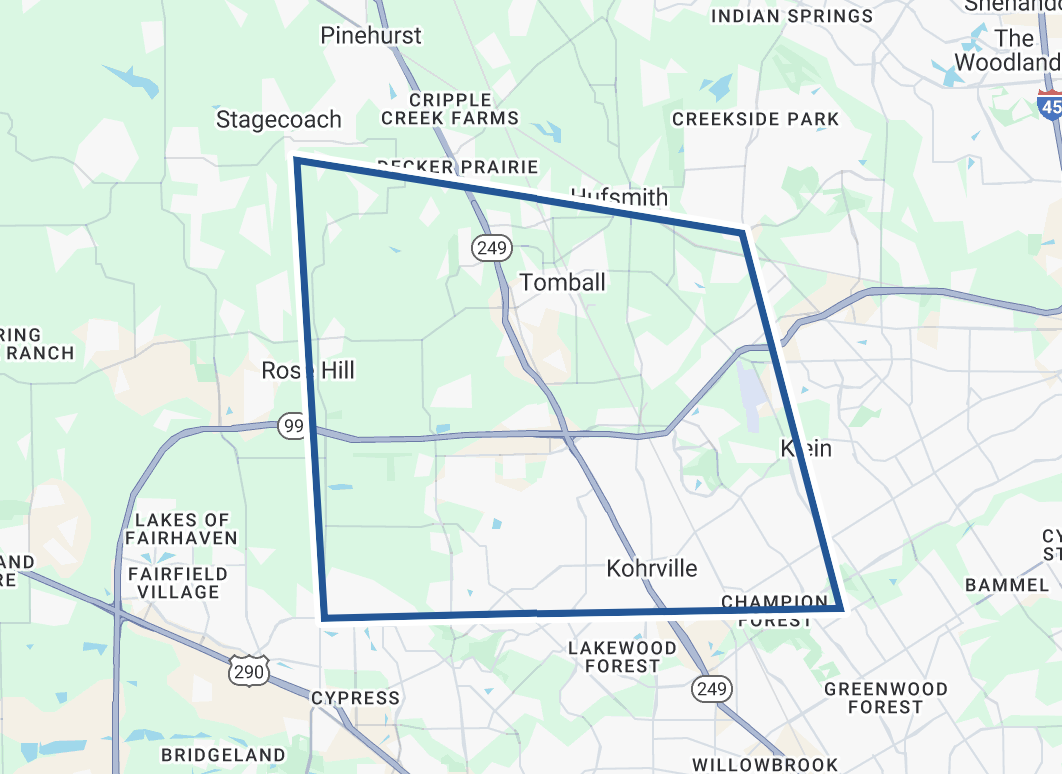 Bluecrest Pools service area map for Tomball, TX and surrounding areas